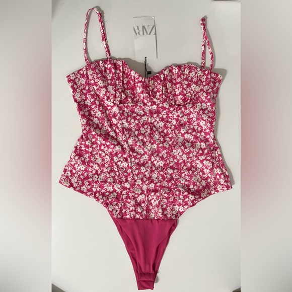 Zara Pink Floral Corset Bodysuit Size Large - Picture 8 of 15